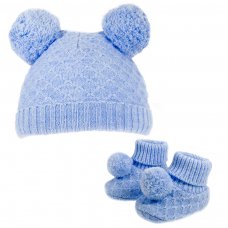 H610-B: Blue Hat & Bootee Set w/Pom Poms (0-6m)