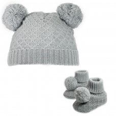 H610-G: Grey Pom Pom Hat & Bootee Set (0-6m)