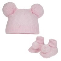 H610-P: Pink Pom Pom Hat & Bootee Set (0-6m)