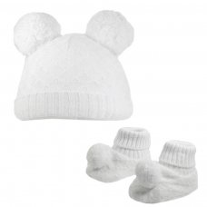 H610-W: White Pom Pom Hat & Bootee Set (0-6m)